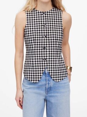 Madewell Single-Breasted Crewneck Vest in true black checkered gingham size 4